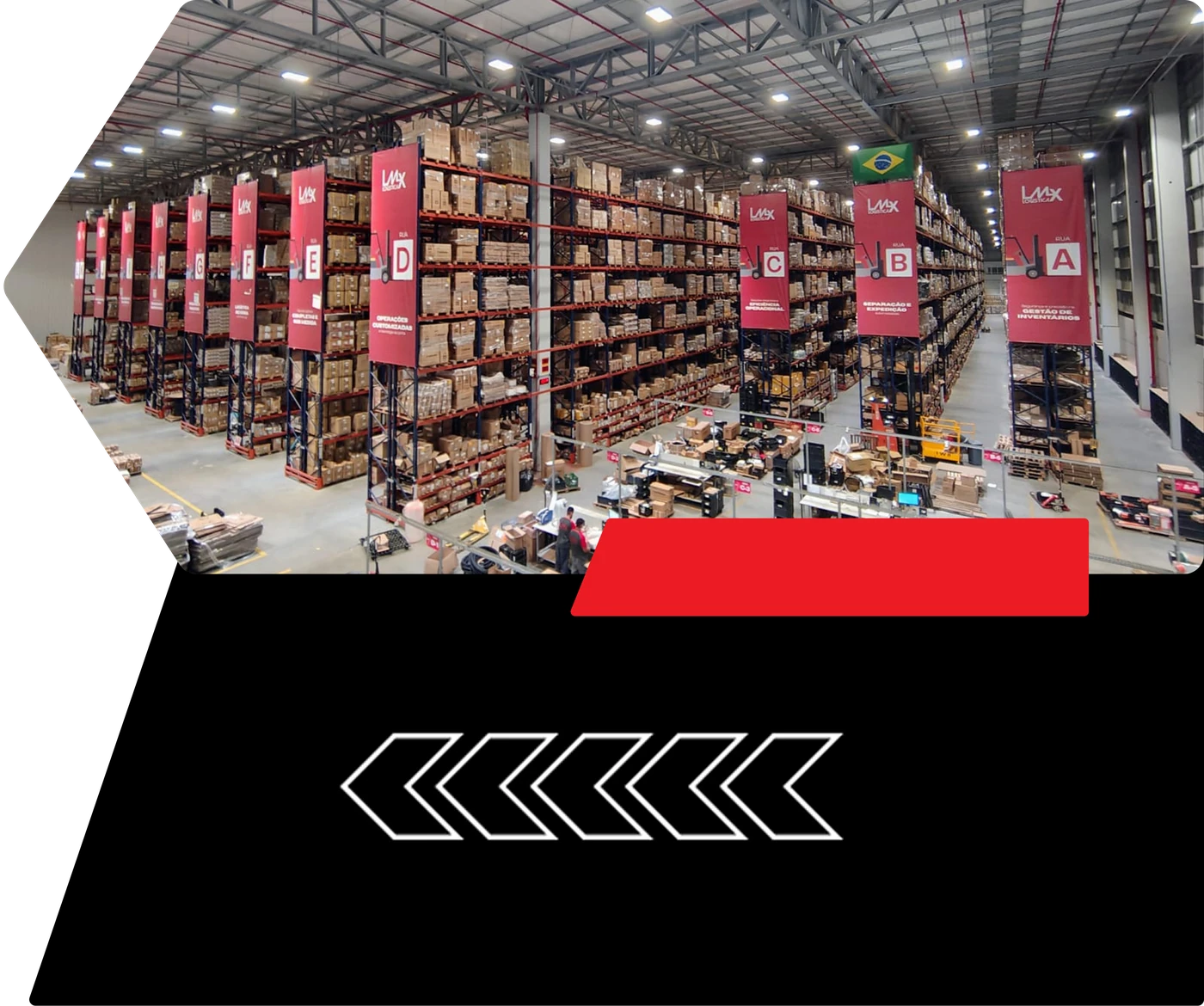 Interior do armazém da LMX com prateleiras e mercadorias